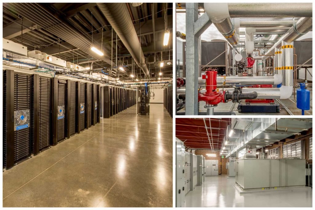 a montage of a large internet data center showing its industrial nature