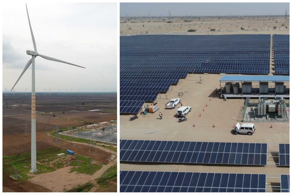 a montage of a wind turbine and solar array