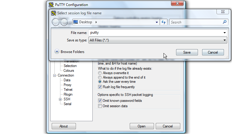 How to create log in putty session?